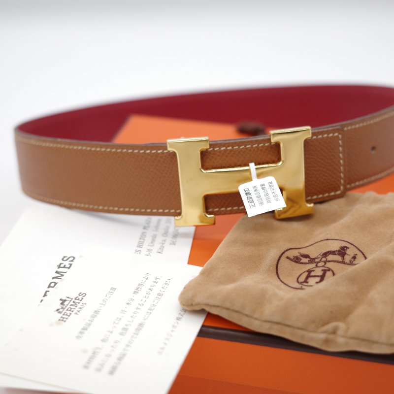Hermès 愛馬仕  H 金扣 牛皮 双面 金棕 酒紅色 35mm 寬 腰帶 60cm 框 B-1
