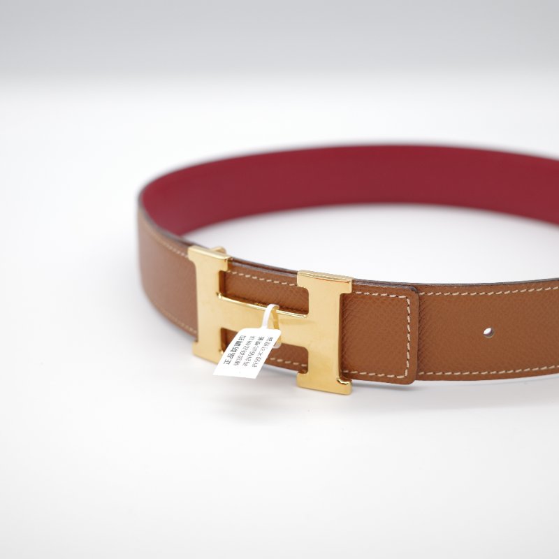Hermès 愛馬仕  H 金扣 牛皮 双面 金棕 酒紅色 35mm 寬 腰帶 60cm 框 B-2
