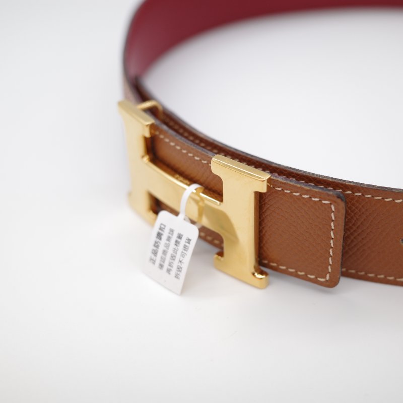 Hermès 愛馬仕  H 金扣 牛皮 双面 金棕 酒紅色 35mm 寬 腰帶 60cm 框 B-5