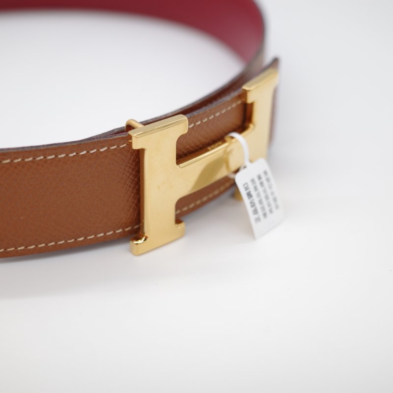 Hermès 愛馬仕  H 金扣 牛皮 双面 金棕 酒紅色 35mm 寬 腰帶 60cm 框 B-6