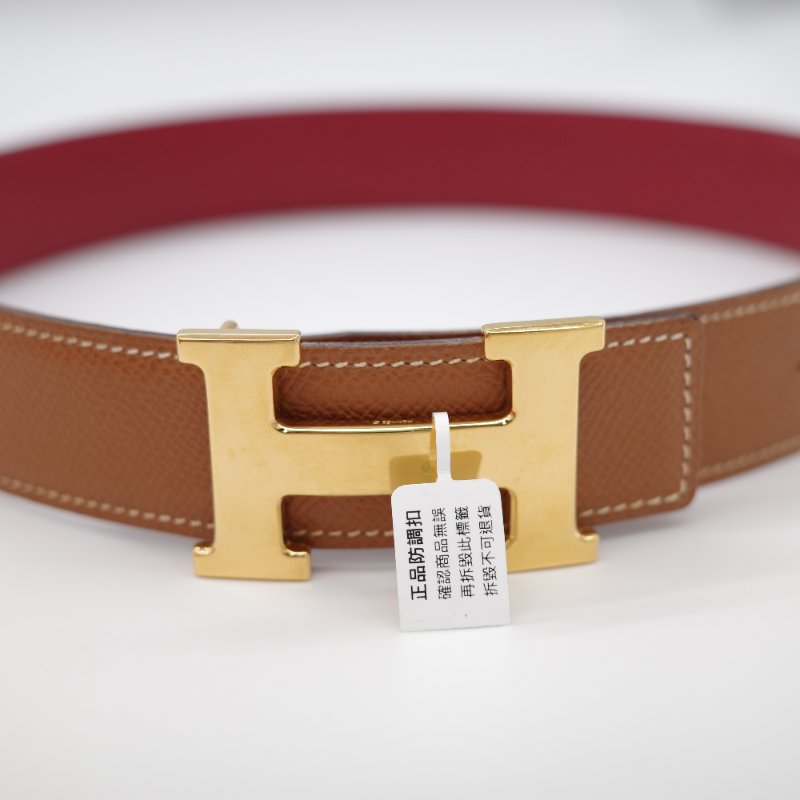 Hermès 愛馬仕  H 金扣 牛皮 双面 金棕 酒紅色 35mm 寬 腰帶 60cm 框 B-7