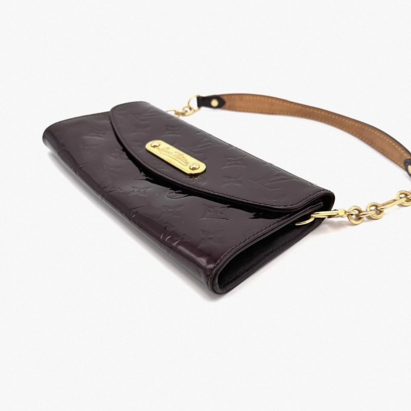 LV 酒紅色金扣漆皮手提腋下包24*11*3 98新配件塵袋-1