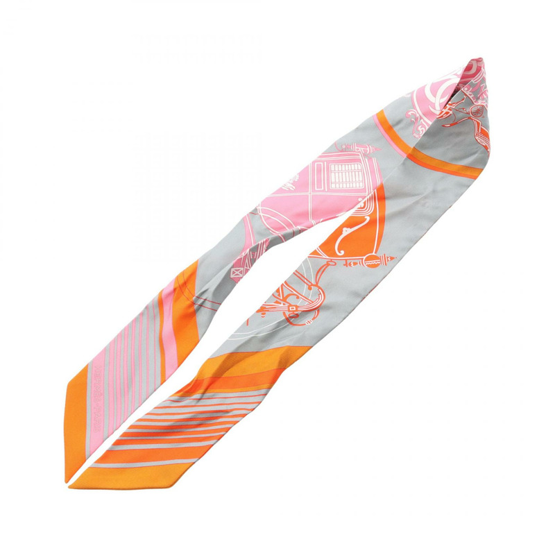 愛馬仕 Twilly EX-LIBRIS 絲巾，灰色、橘色、粉紅色，二手女款-1