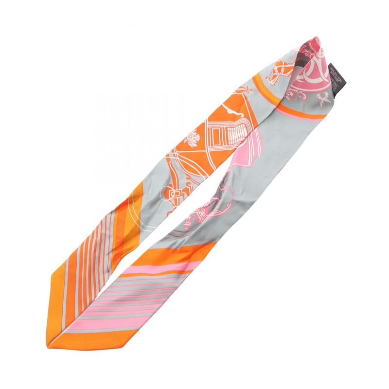 愛馬仕 Twilly EX-LIBRIS 絲巾，灰色、橘色、粉紅色，二手女款-2