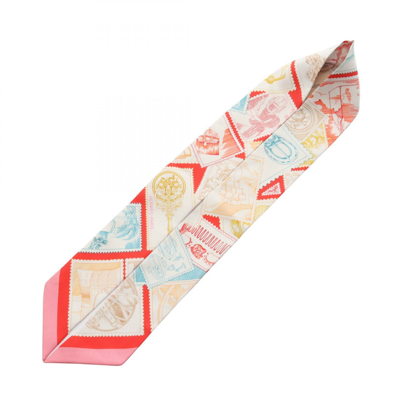 愛馬仕 Twilly LE PHILATELISTE DU FAUBOURG 絲巾，紅色白色，二手，女款-1