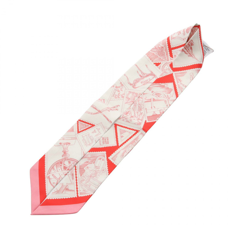 愛馬仕 Twilly LE PHILATELISTE DU FAUBOURG 絲巾，紅色白色，二手，女款-2