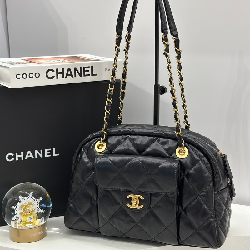 CHANEL 皺摺小牛皮保齡球包 - 大號黑金-3