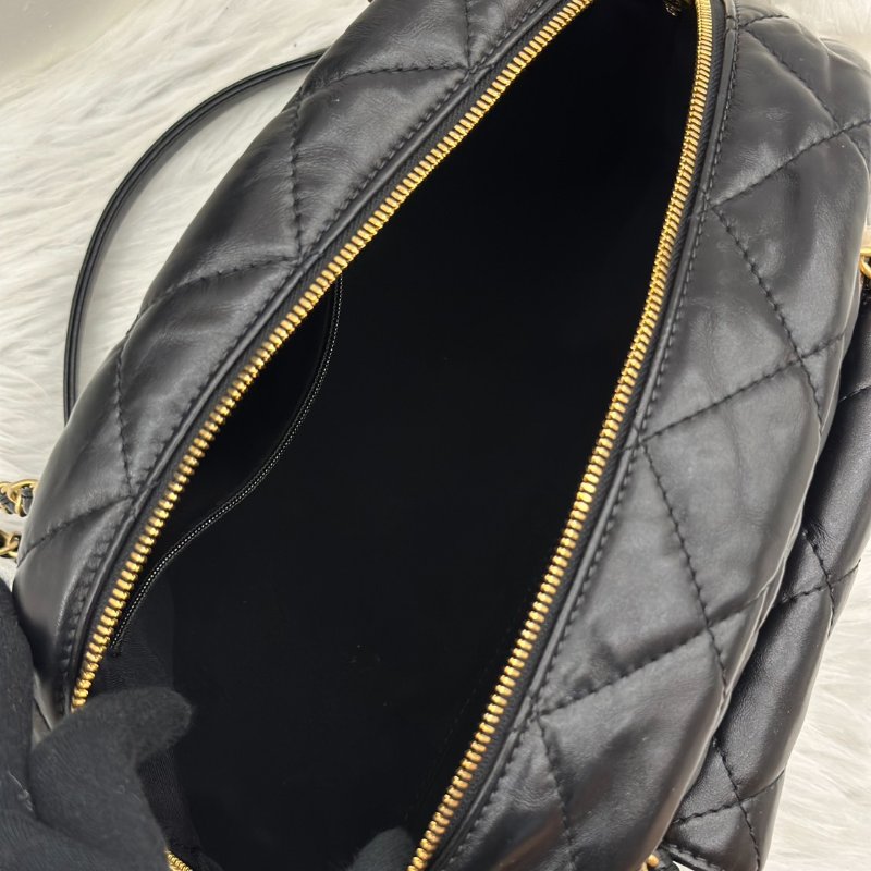 CHANEL 皺摺小牛皮保齡球包 - 大號黑金-6