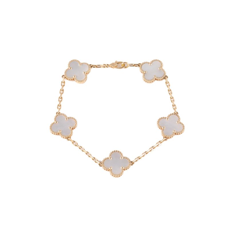 Van Cleef & Arpels VintageAlhambra中號五花手鏈新扣18K黃金/白貝母S-M碼黃金手鍊／手環-0