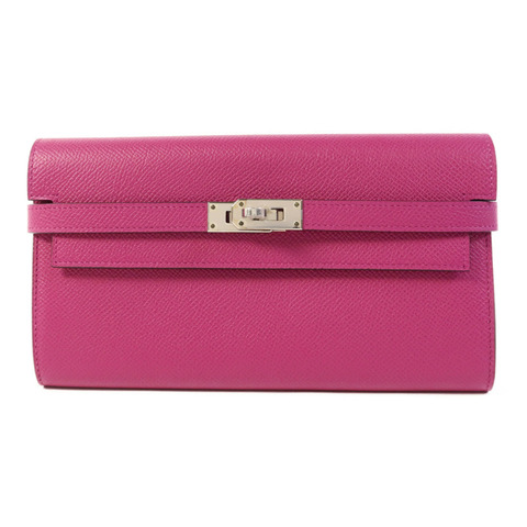 HERMES Epsom皮革Kelly Wallet銀扣長錢包Rose Purple