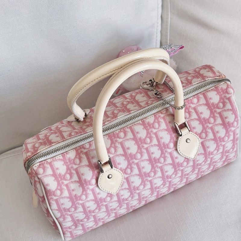 Dior波士頓帆布粉色手提包-3