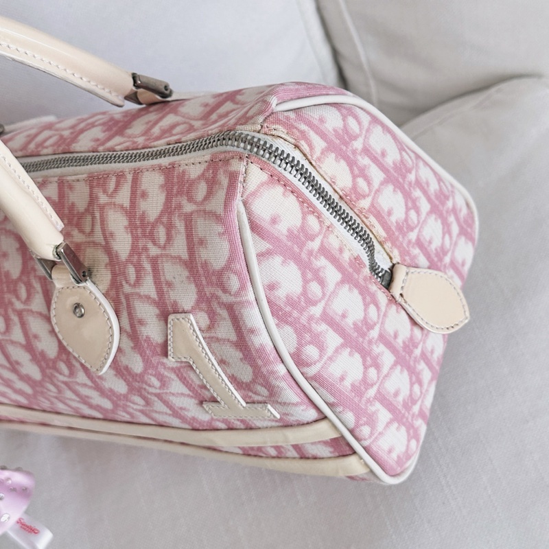 Dior波士頓帆布粉色手提包-5