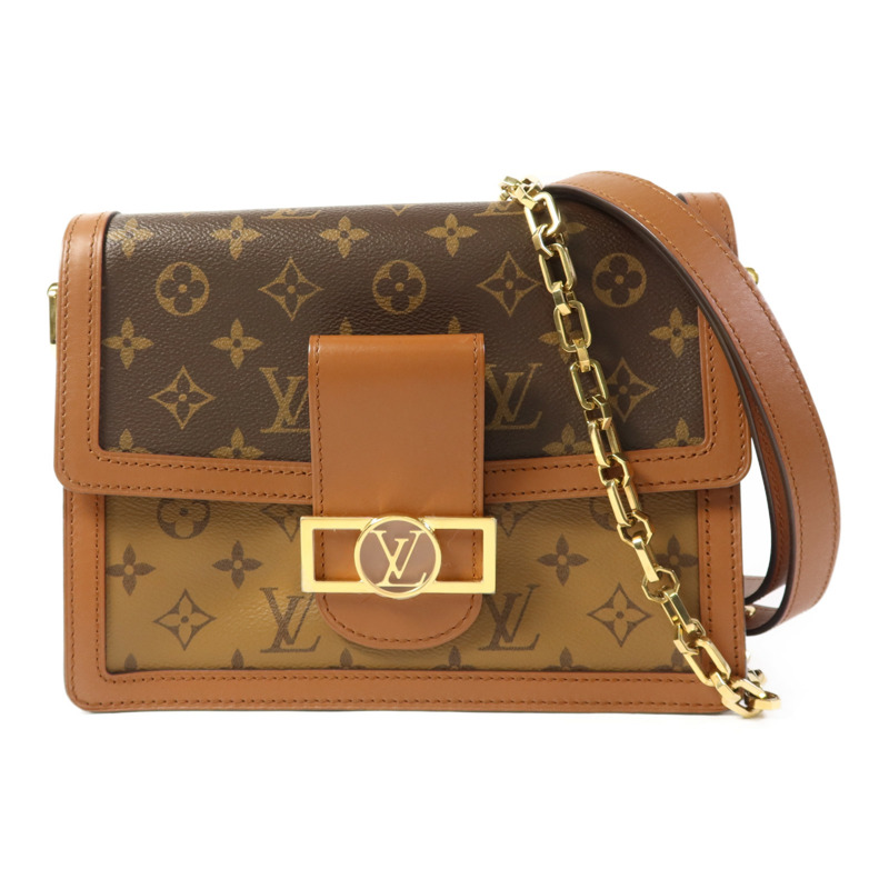 LOUIS VUITTON Monogram/Monogram Reverse Dauphine MM金扣手挽肩背兩用袋棕色-0