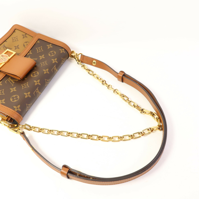 LOUIS VUITTON Monogram/Monogram Reverse Dauphine MM金扣手挽肩背兩用袋棕色-4