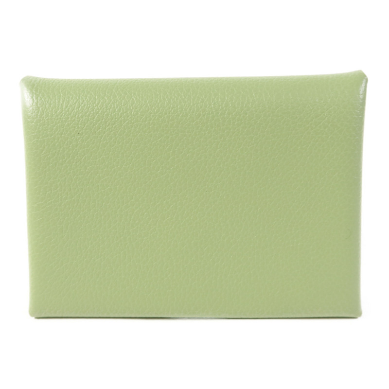 HERMES Evercolor皮革Calvi Duo銀扣卡片套Vert Criquet-0