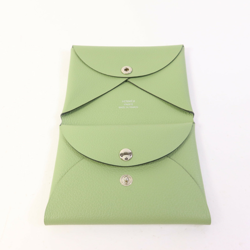 HERMES Evercolor皮革Calvi Duo銀扣卡片套Vert Criquet-4