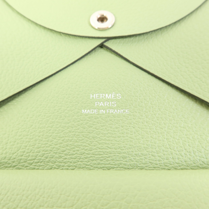 HERMES Evercolor皮革Calvi Duo銀扣卡片套Vert Criquet-6