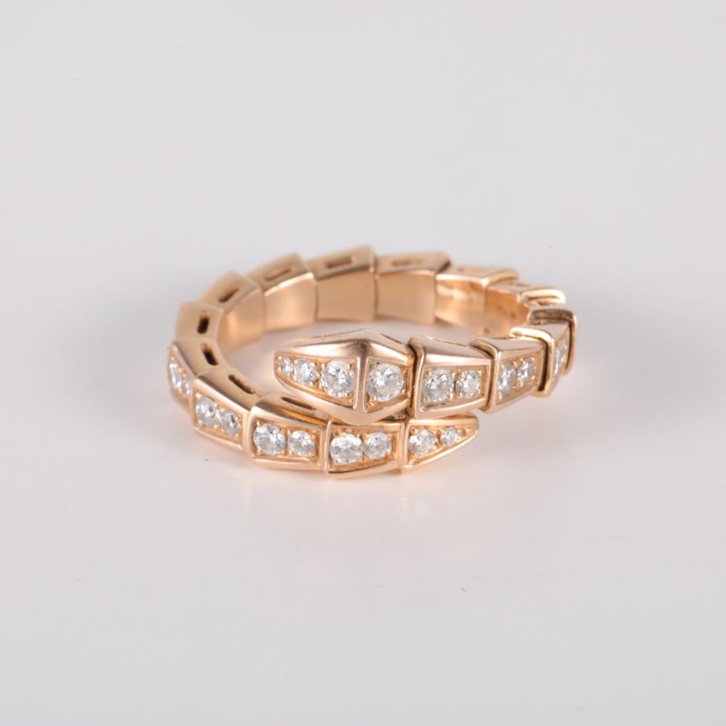 BVLGARI Serpenti18K金滿鑽窄版單排鑽蛇形戒指18K玫瑰金/鑽石s玫瑰金戒指-3