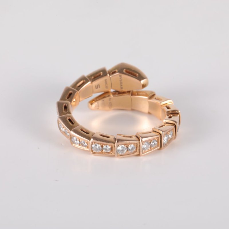 BVLGARI Serpenti18K金滿鑽窄版單排鑽蛇形戒指18K玫瑰金/鑽石s玫瑰金戒指-4