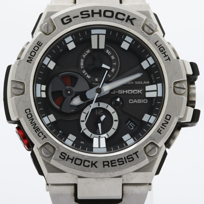 卡西歐 G-SHOCK G-STEEL GSTB100 系列男士模擬腕錶，黑色和銀色樹脂不鏽鋼錶殼-0