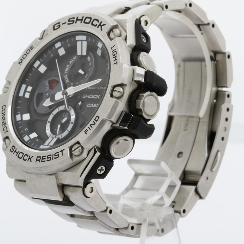 卡西歐 G-SHOCK G-STEEL GSTB100 系列男士模擬腕錶，黑色和銀色樹脂不鏽鋼錶殼-1