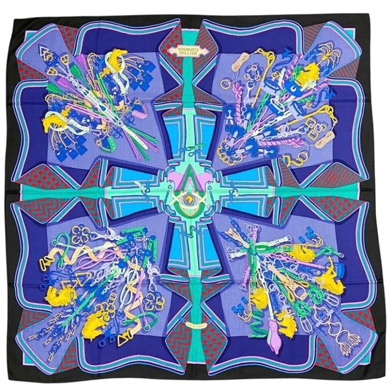 HERMES Bouquets Sellier shawl 140 鞍具花束 羊絨 圍巾-0