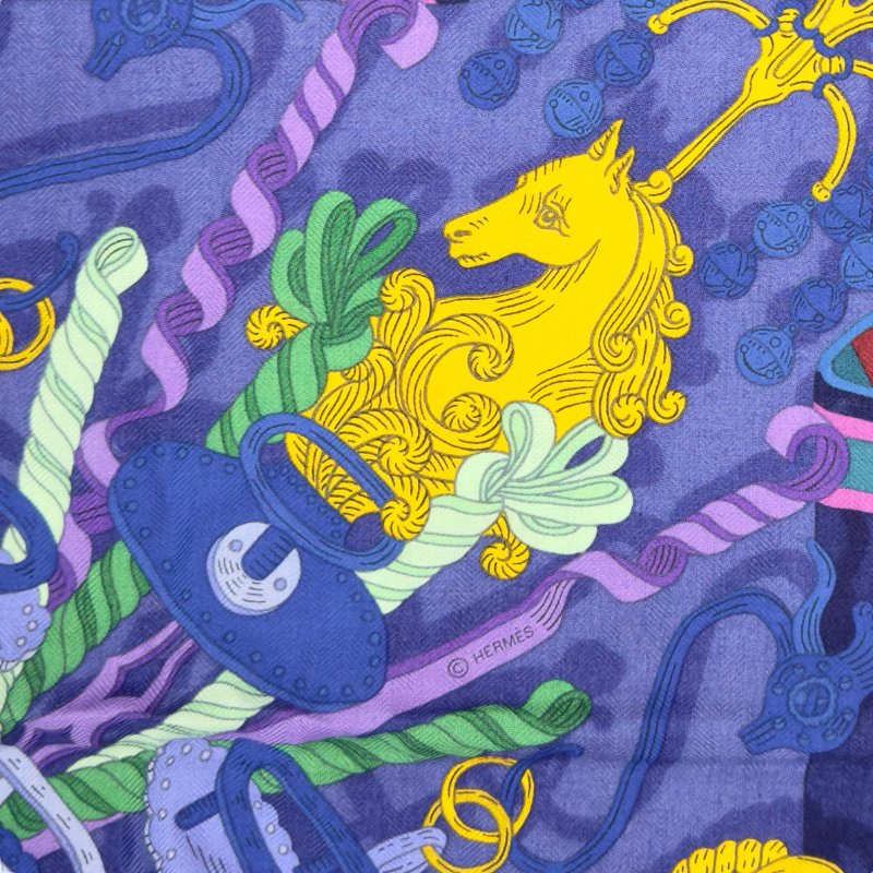 HERMES Bouquets Sellier shawl 140 鞍具花束 羊絨 圍巾-2