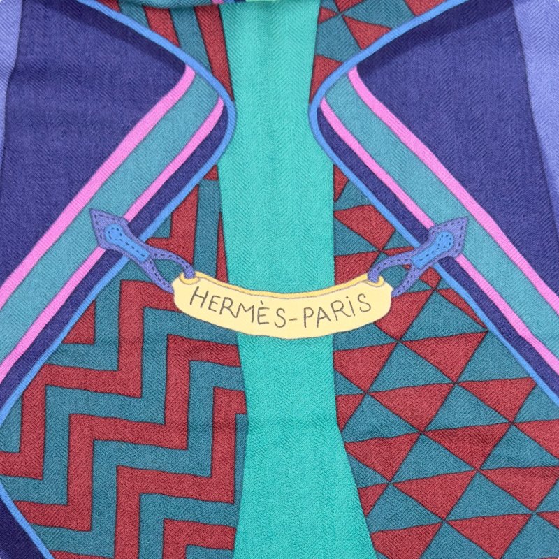 HERMES Bouquets Sellier shawl 140 鞍具花束 羊絨 圍巾-3