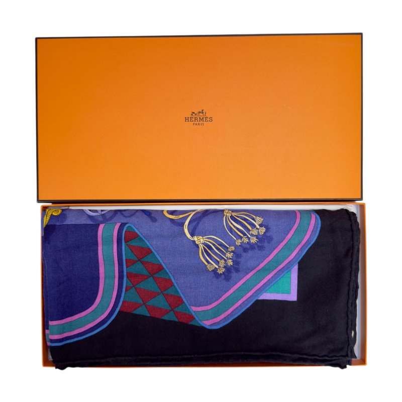 HERMES Bouquets Sellier shawl 140 鞍具花束 羊絨 圍巾-7