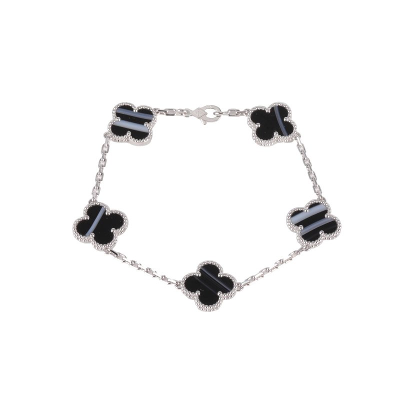 Van Cleef & Arpels VintageAlhambra脈紋縞瑪瑙五花手鏈18K白金S-M碼白金手鍊／手環-0