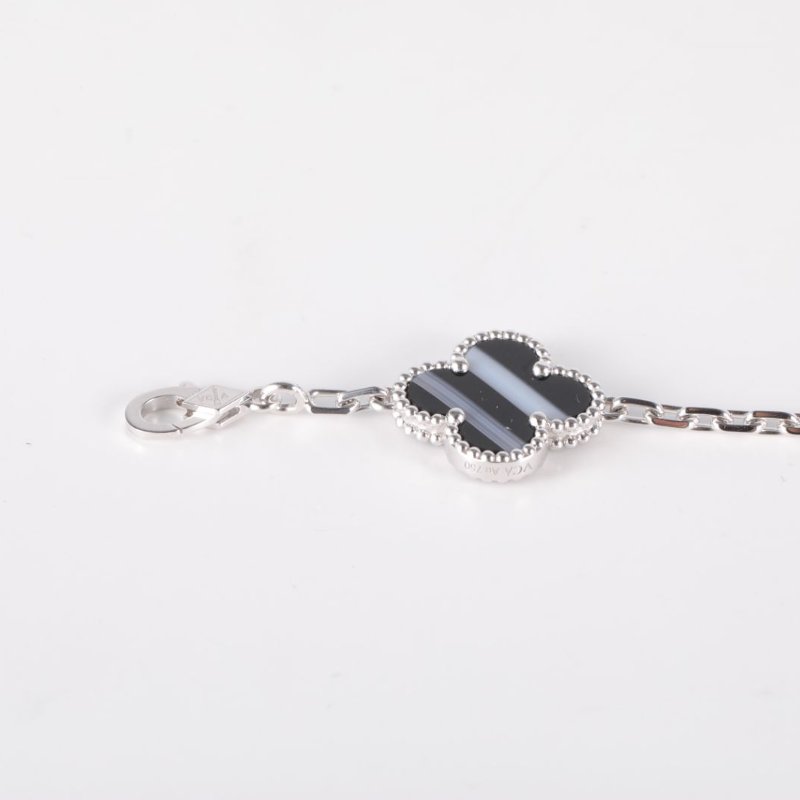 Van Cleef & Arpels VintageAlhambra脈紋縞瑪瑙五花手鏈18K白金S-M碼白金手鍊／手環-4