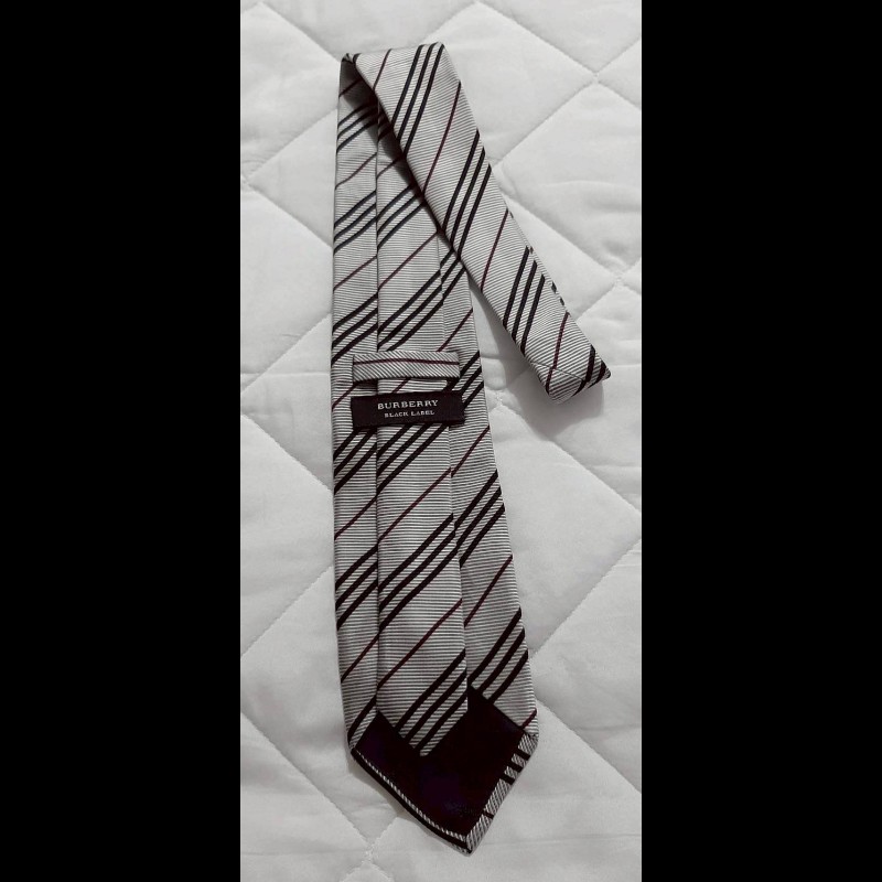 （日本製MIJ）BURBERRY博柏利 BLACK LABEL 黑標 戰馬 銀黑紅斜紋絲質領帶-2