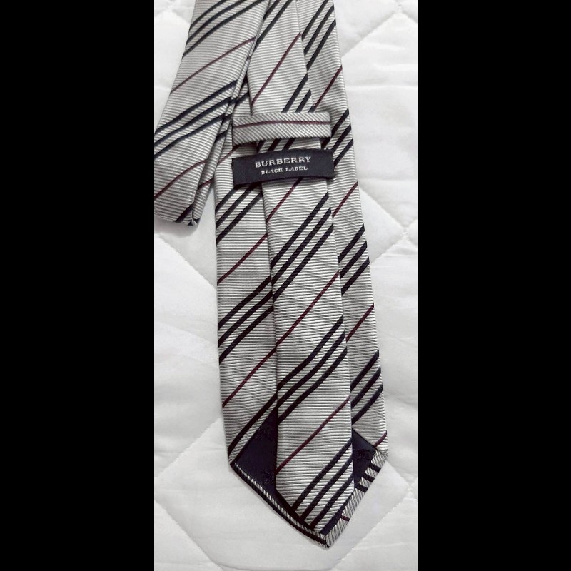 （日本製MIJ）BURBERRY博柏利 BLACK LABEL 黑標 戰馬 銀黑紅斜紋絲質領帶-3