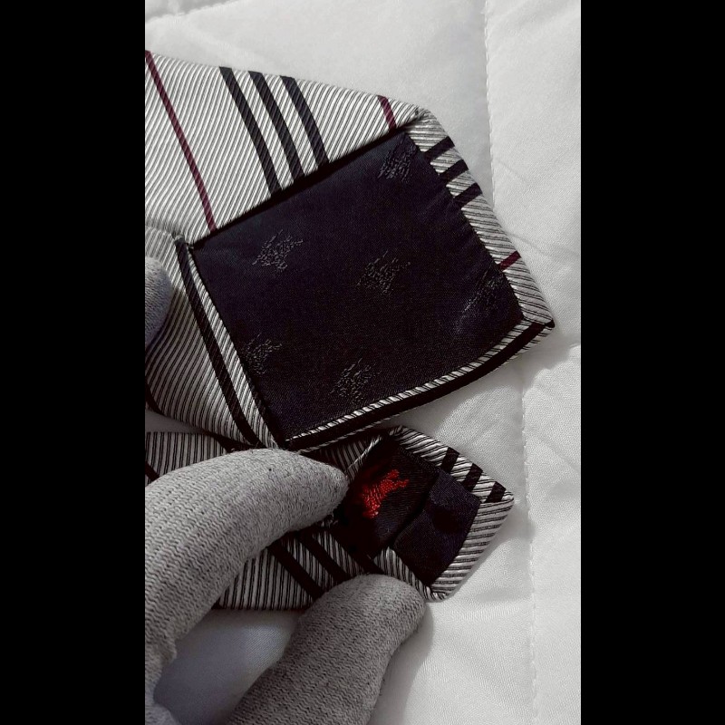 （日本製MIJ）BURBERRY博柏利 BLACK LABEL 黑標 戰馬 銀黑紅斜紋絲質領帶-6