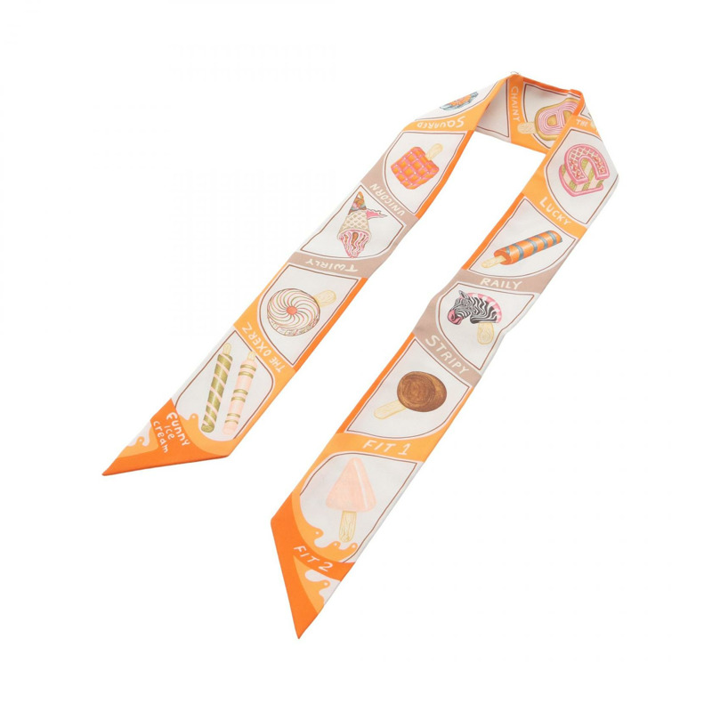 愛馬仕 Twilly 趣味冰淇淋絲巾，白色、橙色、多色，二手，女士款-3