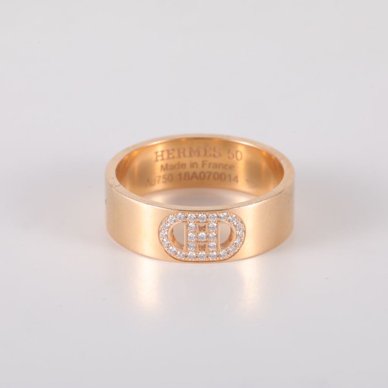 HERMES 18K玫瑰金鑽石玫瑰金HdAncre豬鼻子戒指帶鑽5018K/戒指-3