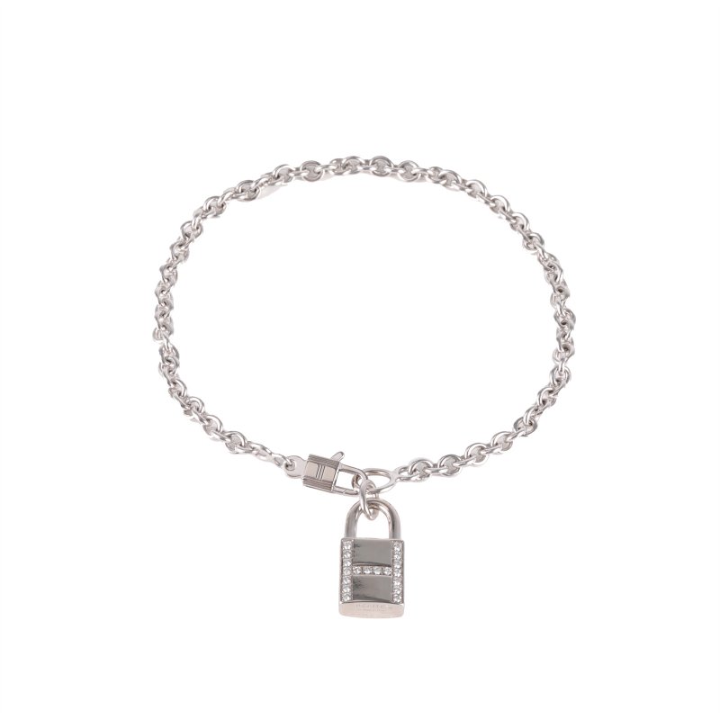 HERMES 18K白金鑽石白金H鑽鎖頭手鏈ST18K/手鍊／手環-0