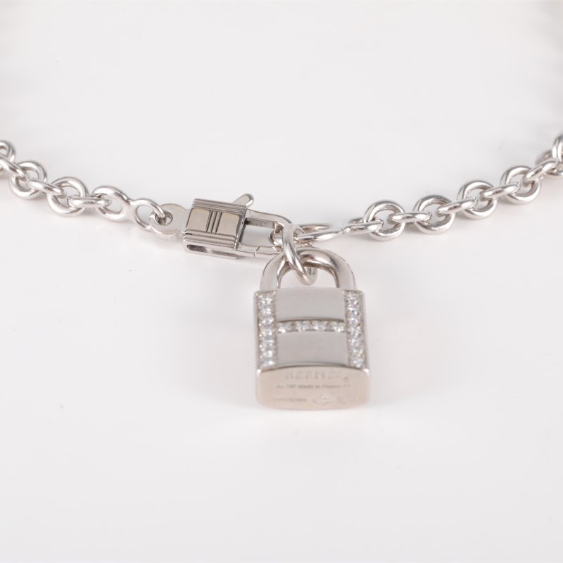 HERMES 18K白金鑽石白金H鑽鎖頭手鏈ST18K/手鍊／手環-1