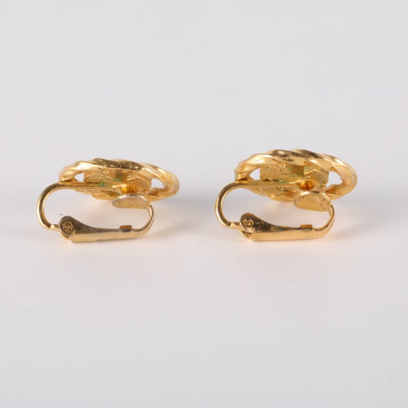 CHANEL 合金中古滿鑽雙C圓形耳夾耳環-3