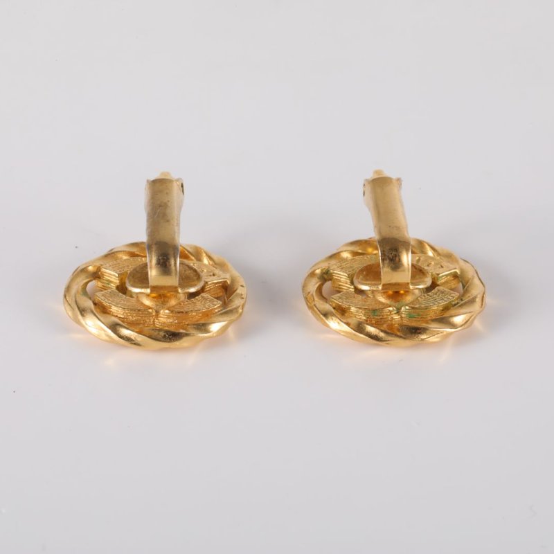 CHANEL 合金中古滿鑽雙C圓形耳夾耳環-4