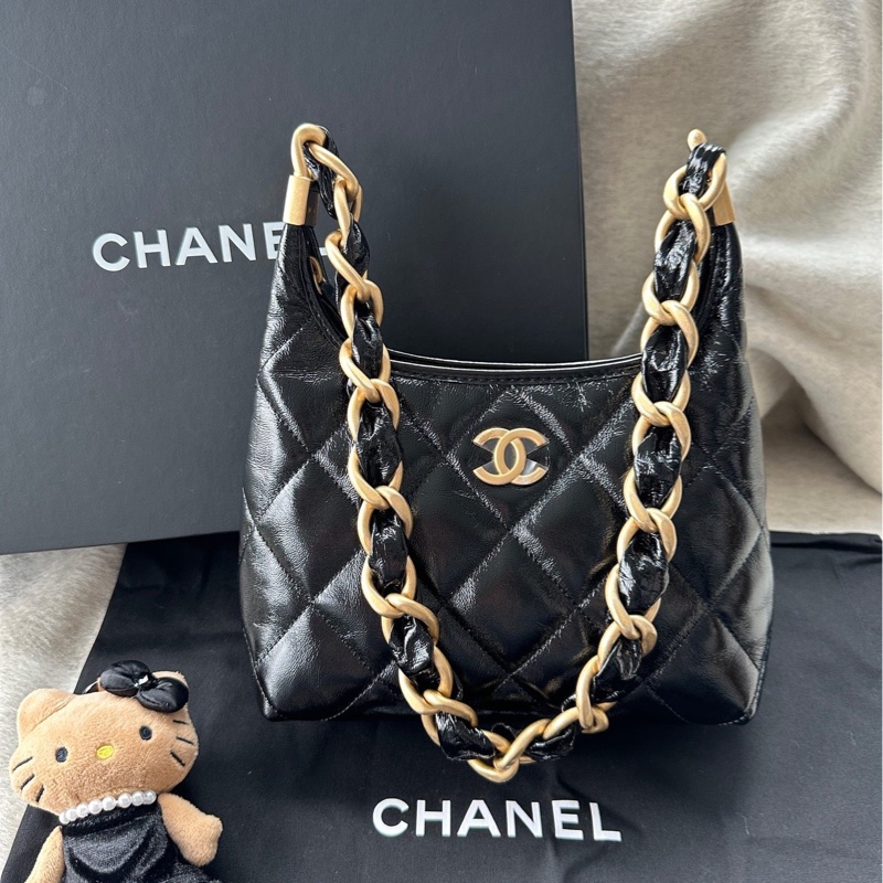 【配件：防塵袋 💕】Chanel 25A hobo 小號 黑金 黑色 金扣 粗鏈條 油蠟皮 羊皮 手提 單肩 腋下-0