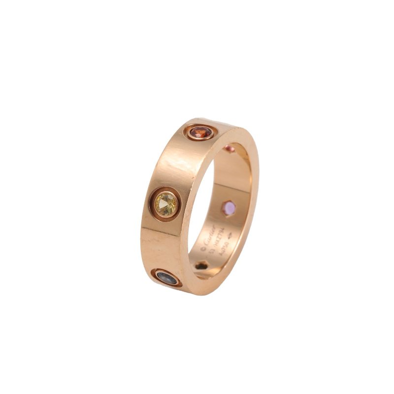 Cartier LOVE六顆彩寶寬版戒指(2粉藍寶、藍寶、海藍、紫尖晶、紫水晶)18K玫瑰金53玫瑰金戒指-0
