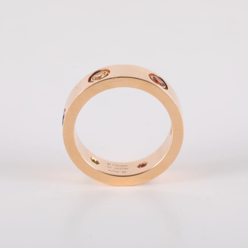 Cartier LOVE六顆彩寶寬版戒指(2粉藍寶、藍寶、海藍、紫尖晶、紫水晶)18K玫瑰金53玫瑰金戒指-2