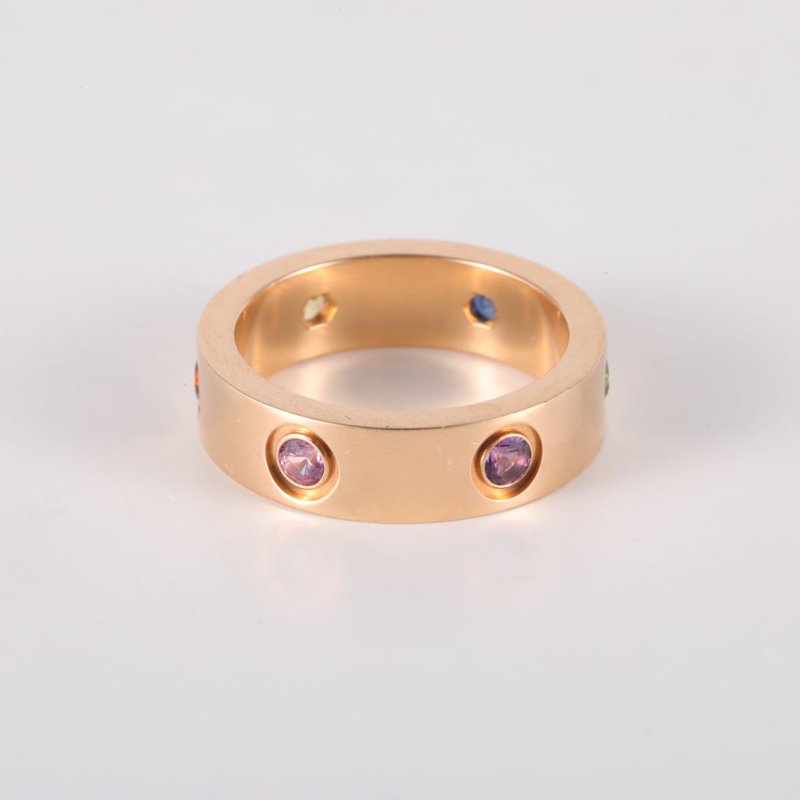 Cartier LOVE六顆彩寶寬版戒指(2粉藍寶、藍寶、海藍、紫尖晶、紫水晶)18K玫瑰金53玫瑰金戒指-4
