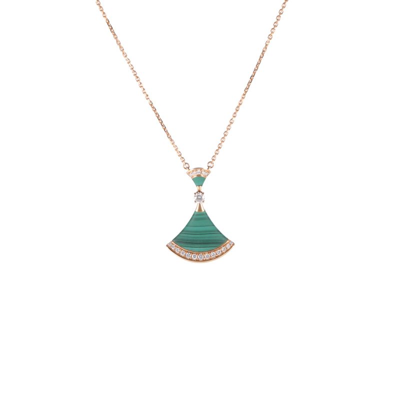 BVLGARI DIVASDREAM18K金扇子孔雀石扇邊鑲鑽項鏈18K玫瑰金/鑽石/孔雀石項鏈玫瑰金鑽石/18K項鍊-0