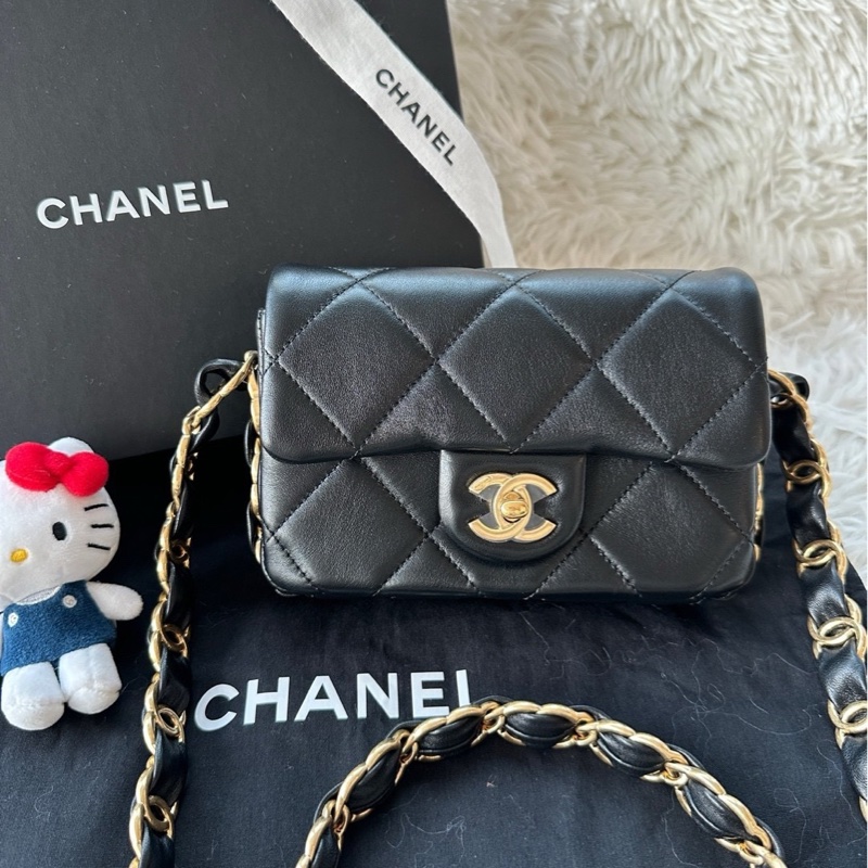【配件：盒子 防塵袋 💕】Chanel 24K cf mini 方胖子 黑金 斜挎包 羊皮 雙c寬肩帶 logo-0