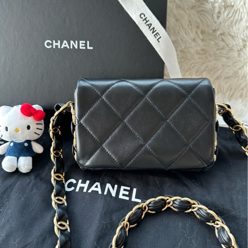 【配件：盒子 防塵袋 💕】Chanel 24K cf mini 方胖子 黑金 斜挎包 羊皮 雙c寬肩帶 logo-2