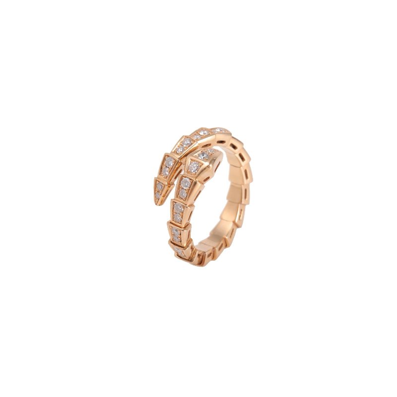 BVLGARI Serpenti18K金滿鑽窄版單排鑽蛇形戒指18K玫瑰金/鑽石L玫瑰金戒指-0