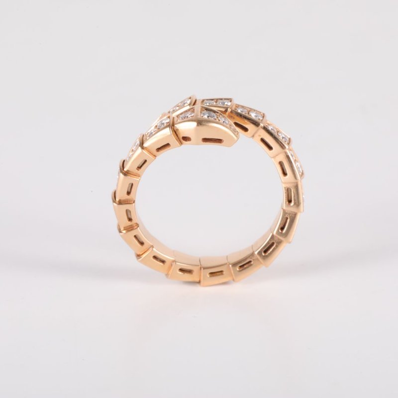 BVLGARI Serpenti18K金滿鑽窄版單排鑽蛇形戒指18K玫瑰金/鑽石L玫瑰金戒指-2