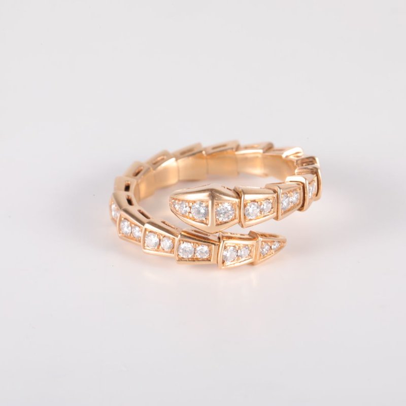 BVLGARI Serpenti18K金滿鑽窄版單排鑽蛇形戒指18K玫瑰金/鑽石L玫瑰金戒指-3